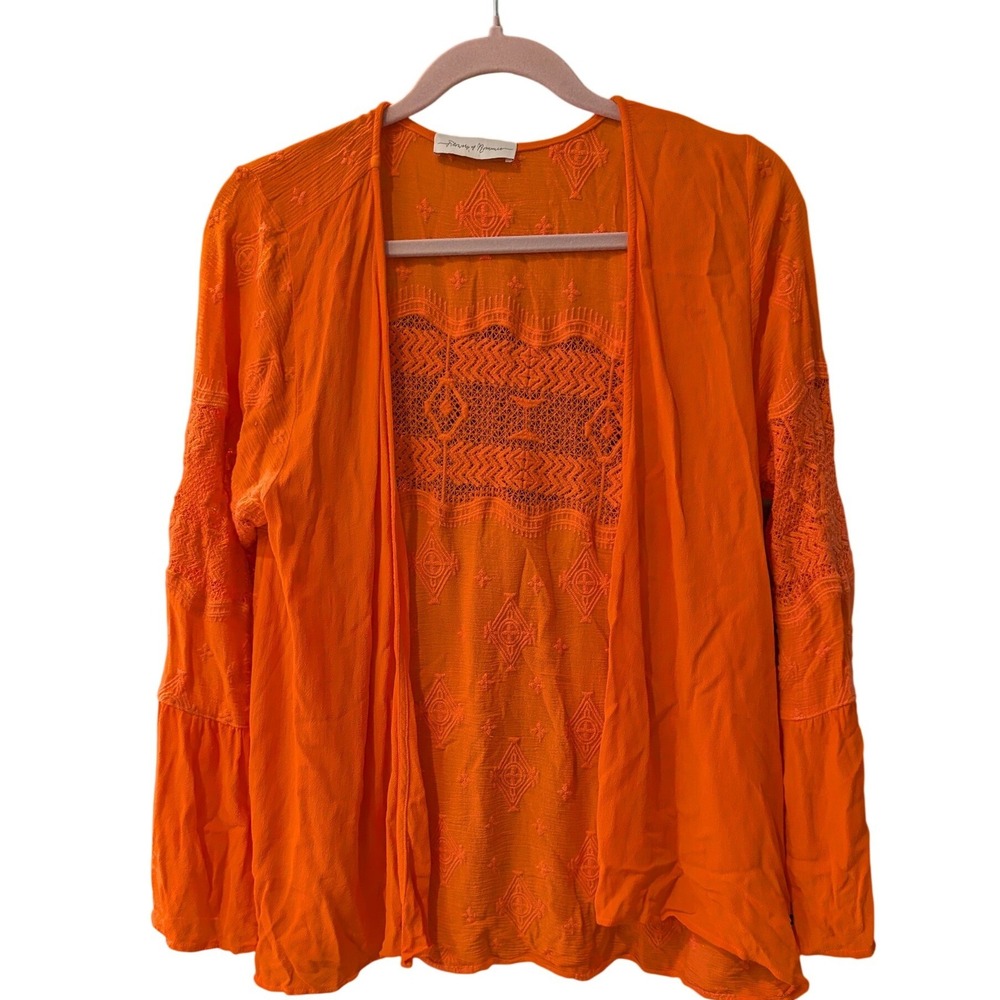 Flowers of Romance Cardigan Lightweight Orange Embroidery Boho Lace Sz L Womens